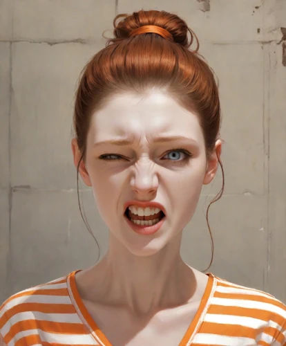 the girl's face,character animation,clementine,scared woman,girl-in-pop-art,woman face,woman's face,portrait of a girl,digital compositing,clove,fallout4,animated cartoon,rendering,animation,redheads,girl in t-shirt,scary woman,animated,woman eating apple,modern pop art,Digital Art,Comic