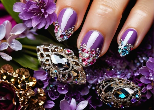 nail design,jeweled,artificial nails,nail art,butterfly floral,talons,purple glitter,rhinestones,jewels,nails,purple and gold foil,embellish,embellishments,glitter hearts,sugar skulls,gemstones,manicure,gold and purple,claws,autumn jewels,Conceptual Art,Graffiti Art,Graffiti Art 02