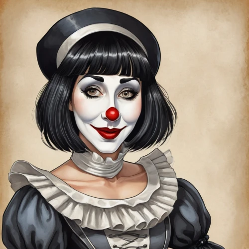 mime artist,mime,pierrot,harlequin,jester,queen of hearts,caricaturist,horror clown,gothic portrait,painter doll,marionette,ringmaster,victorian lady,cosmetic,oil cosmetic,vampire woman,mrs white,rodeo clown,face paint,vaudeville,Illustration,Abstract Fantasy,Abstract Fantasy 23