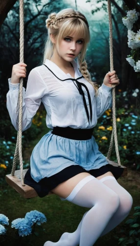 garden swing,wooden swing,alice,alice in wonderland,swing,marionette,empty swing,swing set,swinging,wonderland,sailor,frula,hanging swing,fairy tale character,golden swing,girl in the garden,porcelain doll,anime japanese clothing,tree swing,tumbling doll,Conceptual Art,Fantasy,Fantasy 34