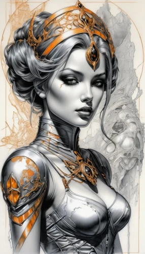 sorceress,steampunk,fantasy portrait,fantasy art,priestess,oriental princess,athena,the enchantress,fantasy woman,zodiac sign libra,female warrior,horoscope libra,artemisia,orange rose,celtic queen,warrior woman,illustrator,medusa,sci fiction illustration,world digital painting,Illustration,Black and White,Black and White 30