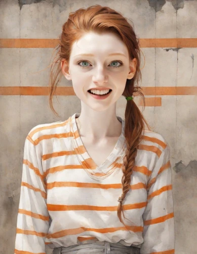 pippi longstocking,mime,mime artist,gingerman,clementine,ginger rodgers,clary,girl in t-shirt,striped background,porcelaine,portrait background,gingerbread girl,cinnamon girl,silphie,pumuckl,raggedy ann,nora,maci,zombie,hag,Digital Art,Watercolor