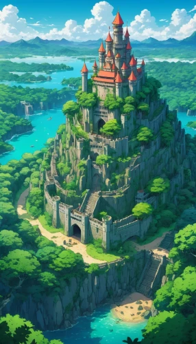 meteora,bastei,castle ruins,summit castle,knight's castle,studio ghibli,water castle,ancient city,castle,ruined castle,castel,medieval castle,mountain settlement,new castle,citadel,peninsula,fairy tale castle,stone palace,flying island,peter-pavel's fortress,Illustration,Japanese style,Japanese Style 03