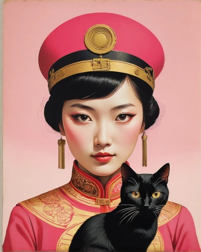 chinese art,oriental girl,chinese pastoral cat,lucky cat,han thom,vintage asian,vintage cat,oriental painting,asian woman,janome chow,oriental princess,oriental,orientalism,policewoman,vintage art,dongfang meiren,feline,cat sparrow,domestic cat,cat,Illustration,Japanese style,Japanese Style 08