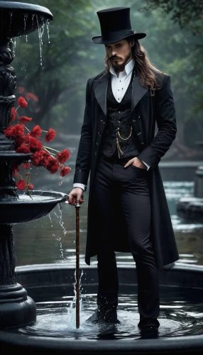 frock coat,gentlemanly,athos,bellboy,top hat,digital compositing,cosplay image,ledger,david garrett,stovepipe hat,aristocrat,mozart fountain,the man in the water,photoshop manipulation,hatter,concierge,photoshoot with water,undertaker,black hat,maximilian fountain,Conceptual Art,Fantasy,Fantasy 34