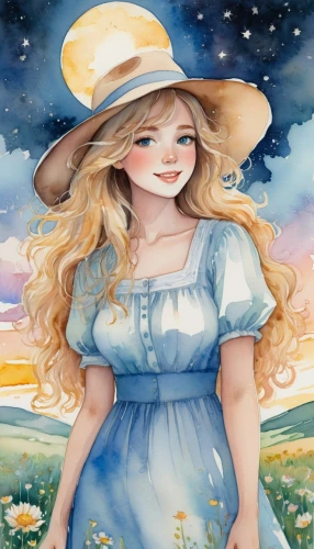 jessamine,springtime background,country dress,straw hat,countrygirl,watercolor women accessory,rosa ' amber cover,virgo,watercolor background,high sun hat,horoscope libra,sun hat,spring background,blooming field,southern belle,zodiac sign libra,farm girl,summer meadow,eglantine,yellow sun hat,Illustration,Paper based,Paper Based 25