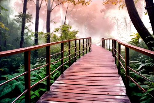 wooden bridge,canopy walkway,tree top path,hanging bridge,walkway,teak bridge,wooden path,forest path,pathway,hiking path,rain forest,the mystical path,scenic bridge,rainforest,tropical and subtropical coniferous forests,valdivian temperate rain forest,background view nature,forest landscape,landscape background,aaa,Illustration,Retro,Retro 12