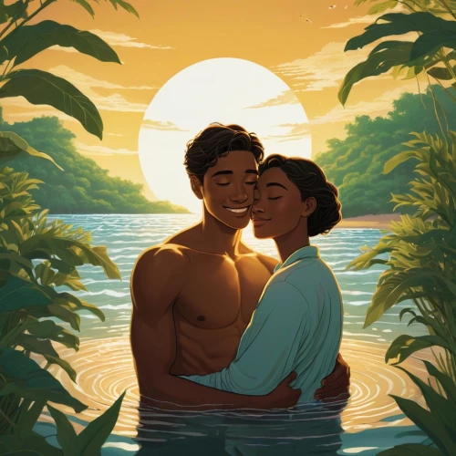 honeymoon,sun and moon,summer icons,romantic portrait,loving couple sunrise,young couple,black couple,idyll,land love,idyllic,summer background,island residents,summer evening,summer day,antigua,nile river,nile,digital illustration,lakeside,lovers,Illustration,Black and White,Black and White 18