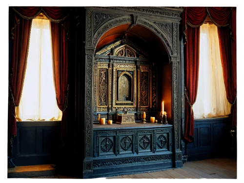 ornate room,interior decor,chiffonier,candlesticks,vestment,interior decoration,golden candlestick,altar of the fatherland,candlestick,altar,tabernacle,sconce,danish room,alcazar of seville,royal interior,candlestick for three candles,table lamps,interiors,dark cabinetry,highclere castle,Conceptual Art,Oil color,Oil Color 18