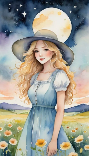 cosmos field,blooming field,country dress,jessamine,dandelion field,straw hat,watercolor background,meadow in pastel,prairie,watercolor women accessory,springtime background,countrygirl,high sun hat,dandelion meadow,virgo,field of flowers,rosa ' amber cover,meadow,cosmos wind,sun hat,Illustration,Paper based,Paper Based 25