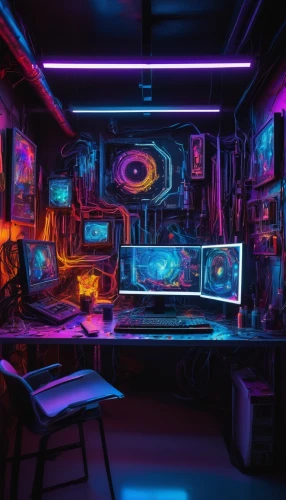 computer room,ufo interior,cyberpunk,computer art,game room,neon coffee,study room,black light,computer workstation,computer desk,the server room,desk,working space,cyberspace,neon ghosts,sci fi surgery room,computer,cyber,playing room,work space,Photography,Documentary Photography,Documentary Photography 34