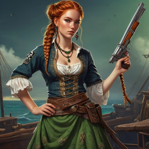 pirate,pirate treasure,girl with gun,east indiaman,tower flintlock,sterntaler,galleon,the sea maid,massively multiplayer online role-playing game,game illustration,full-rigged ship,sloop-of-war,girl with a gun,flintlock pistol,pirates,nora,caravel,scarlet sail,celtic queen,key-hole captain,Conceptual Art,Fantasy,Fantasy 15