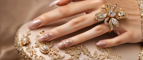 gold-pink earthy colors,blossom gold foil,nail design,jeweled,embellished,gold rings,embellishments,gold filigree,nail art,coral fingers,bridal accessory,nails,manicure,bridal jewelry,gold glitter,filigree,artificial nails,gold lacquer,gold jewelry,gold foil and cream,Illustration,Realistic Fantasy,Realistic Fantasy 45