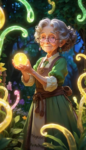 candlemaker,summoner,lantern string,mage,fireflies,fae,grandma,grandmother,fairy tale character,bard,forest clover,luminous garland,apothecary,druid,linden blossom,granny,cg artwork,magical adventure,sorceress,magical,Conceptual Art,Fantasy,Fantasy 31