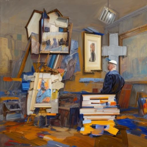 easel,italian painter,self-portrait,painter,oberlo,meticulous painting,clutter,artist portrait,self portrait,in a studio,art dealer,man with a computer,elderly man,study room,study,oil painting,art academy,photo painting,oil paint,post impressionist,Calligraphy,Painting,Minimalist Oil Painting