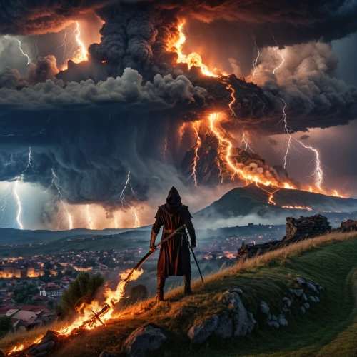 god of thunder,fantasy picture,the storm of the invasion,thunderstorm,thundercat,thunderstorm mood,thor,rain of fire,monsoon banner,witcher,fire background,storm,heroic fantasy,lightning storm,nature's wrath,thunder,burning earth,apocalypse,thunderclouds,strom,Photography,General,Realistic