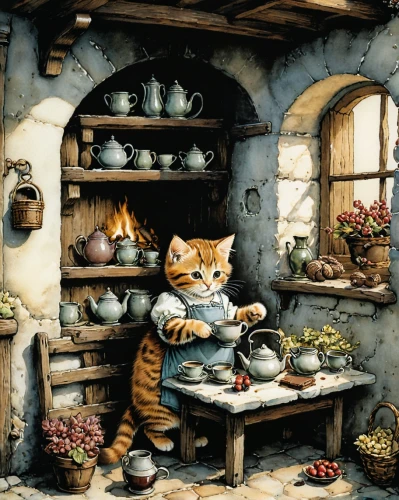 tea party cat,red tabby,cat's cafe,girl in the kitchen,cat european,dwarf cookin,cat drinking tea,oktoberfest cats,kate greenaway,vintage cats,cookery,david bates,cat food,pottery,domestic cat,vintage cat,the kitchen,artisan,teatime,whimsical animals,Illustration,Paper based,Paper Based 29