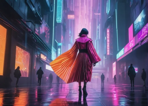 cyberpunk,girl walking away,transistor,pedestrian,colorful city,shinjuku,tokyo city,woman walking,tokyo,walking in the rain,shibuya,metropolis,vapor,neon ghosts,neon lights,taipei,world digital painting,fantasy city,ultraviolet,a pedestrian,Unique,Paper Cuts,Paper Cuts 02