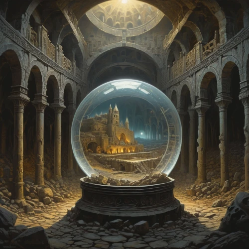 crystal ball,crystal ball-photography,waterglobe,glass sphere,hall of the fallen,fantasy picture,the globe,orb,fantasy art,musical dome,globe,alchemy,atlantis,snow globes,surrealism,batholith,the ancient world,fantasy landscape,parallel worlds,auqarium,Illustration,Realistic Fantasy,Realistic Fantasy 44