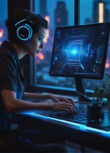 man with a computer,cyberpunk,lan,computer game,wireless headset,computer addiction,gamer,gamer zone,computer freak,girl at the computer,dj,night administrator,computer games,computer desk,visual effect lighting,computer workstation,gaming,pc,headset,pc laptop,Photography,General,Natural