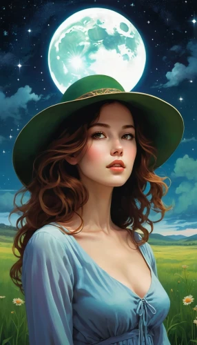 fantasy portrait,the hat of the woman,fantasy picture,rosa ' amber cover,horoscope libra,virgo,fantasy art,mystical portrait of a girl,witch's hat icon,witch's hat,mother earth,game illustration,cosmos field,pilgrim,woman's hat,high sun hat,landscape background,girl wearing hat,the hat-female,moonflower,Illustration,Paper based,Paper Based 12