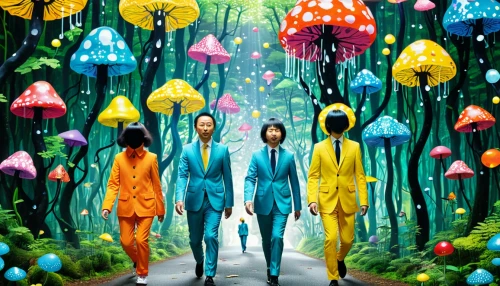 psychedelic art,cartoon forest,perfume,fairy world,acid lake,umbrellas,wonderland,forest of dreams,mushrooms,fairy forest,mushroom island,lsd,tree grove,psychedelic,raincoat,colorful balloons,mushroom landscape,fairies,acid,fantasy world,Illustration,Japanese style,Japanese Style 04