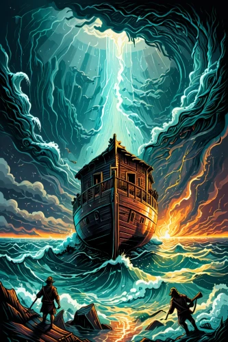 noah's ark,ghost ship,sea storm,sea fantasy,shipwreck,maelstrom,the ark,sci fiction illustration,house of the sea,the storm of the invasion,sea sailing ship,tour to the sirens,the wind from the sea,pirate ship,houseboat,galleon ship,rotten boat,sailing ship,galleon,poseidon,Illustration,Realistic Fantasy,Realistic Fantasy 25