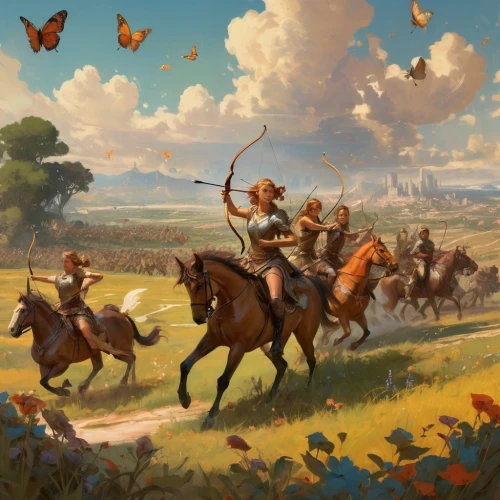 hunting scene,fantasy picture,horseback,cavalry,migration,game illustration,western riding,fantasy art,man and horses,caravan,animal migration,animals hunting,heroic fantasy,don quixote,oktoberfest background,world digital painting,horse herd,the pied piper of hamelin,the wanderer,the order of the fields,Conceptual Art,Fantasy,Fantasy 18
