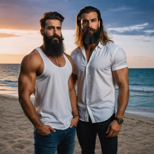 men's wear,sailors,adam and eve,men clothes,manly,photo shoot for two,beach background,beach goers,gay men,male lions,grooms,male model,surfers,sleeveless shirt,bearded,beard,men,men sitting,man portraits,dad and son outside,Photography,General,Fantasy