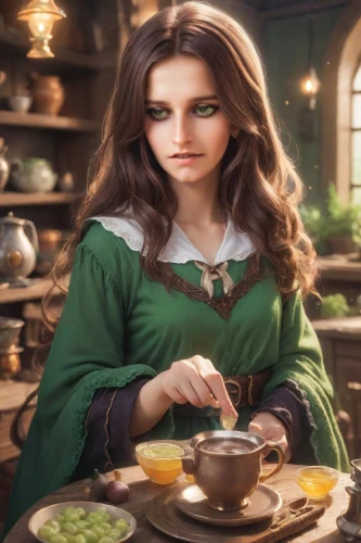 celtic woman,woman drinking coffee,celtic queen,fairy tale character,herb tea,goldenrod tea,merida,irish stew,tea,princess anna,pouring tea,woman at cafe,tea drinking,tea party,merchant,dulcimer herb,queen of puddings,elven,barmaid,apothecary,Photography,Realistic