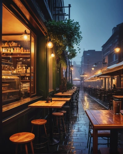 rain bar,paris cafe,outdoor dining,evening atmosphere,street cafe,new york restaurant,rainy day,beer garden,rainy,bistrot,montmartre,irish pub,parisian coffee,french quarters,blue hour,wine tavern,izakaya,outdoor table,outdoor table and chairs,roof terrace,Illustration,Japanese style,Japanese Style 18