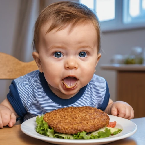 baby playing with food,diabetes in infant,weaning,hüftfilet,frikadeller,tuna steak,steak au poivre,panko,diabetes with toddler,schnitzel,buckwheat,potato pancake,cutlet,quinoa,veggie burger,pumpernickel,milanesa,cotoletta,falafel,eat