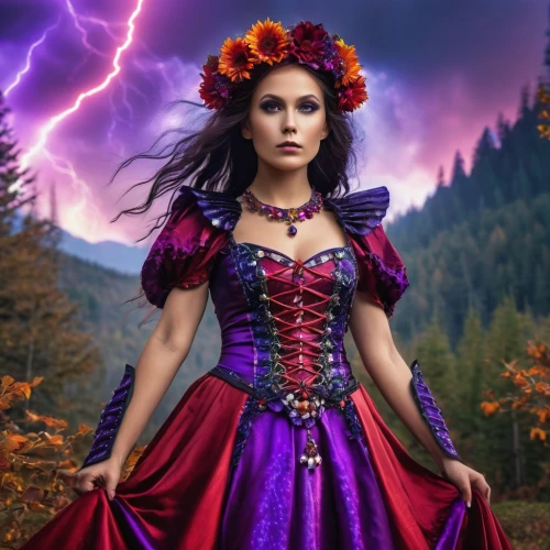 fantasy picture,fantasy woman,celtic queen,fairy tale character,celtic woman,the enchantress,queen of hearts,fantasy art,sorceress,celebration of witches,rapunzel,la violetta,fantasy portrait,purple rose,violet head elf,red-purple,dodge warlock,gothic woman,purple,red riding hood,Photography,General,Realistic