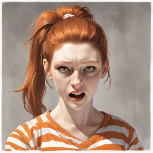 portrait of a girl,worried girl,girl portrait,clementine,the girl's face,redheads,scared woman,woman face,girl in t-shirt,orange,pippi longstocking,girl with speech bubble,young woman,digital painting,daphne,bouffant,woman portrait,cinnamon girl,girl with cereal bowl,stressed woman,Digital Art,Comic