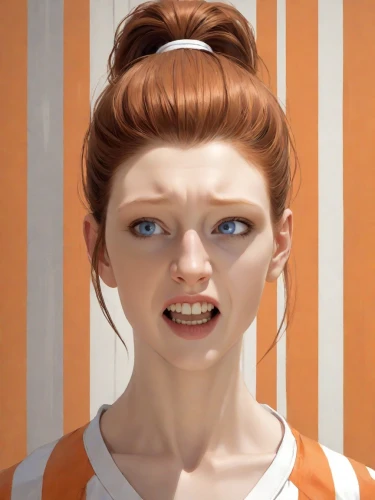 fallout4,orange,clementine,the girl's face,girl-in-pop-art,eleven,rockabella,rendering,pompadour,modern pop art,character animation,gingerman,ginger rodgers,orangina,scared woman,phone icon,half orange,woman face,penny,porcelaine,Digital Art,Comic