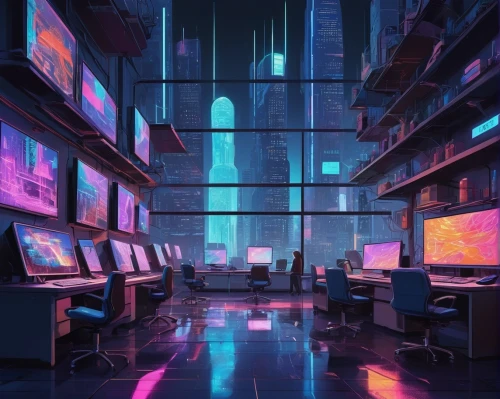 cyberpunk,computer room,study room,cityscape,cyberspace,modern office,the server room,classroom,cyber,fantasy city,offices,computer,colorful city,futuristic landscape,aesthetic,scifi,working space,windows,digitalart,modern,Illustration,Black and White,Black and White 25