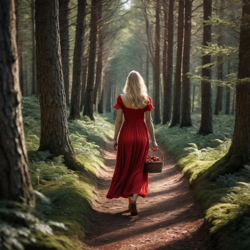 red riding hood,little red riding hood,forest path,woman walking,forest walk,man in red dress,girl walking away,red coat,ballerina in the woods,girl in red dress,red cape,the mystical path,forest of dreams,in the forest,lady in red,enchanted forest,girl with tree,red tunic,photo manipulation,girl in a long dress,Photography,General,Natural