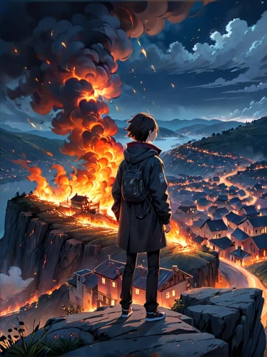 fire mountain,fire in the mountains,fire background,meteora,world digital painting,fantasy picture,the end of the world,burning earth,apocalypse,wildfire,volcano,lost in war,apocalyptic,fire on sky,studio ghibli,violet evergarden,eruption,fantasy landscape,end of the world,volcanic,Anime,Anime,General