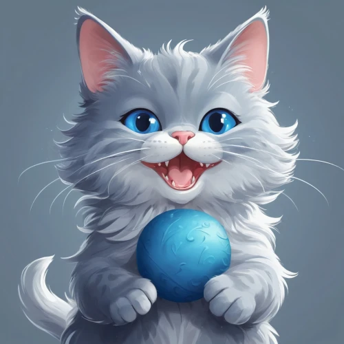 snowball,cat on a blue background,cat with blue eyes,blue eyes cat,american curl,turkish angora,cat vector,cartoon cat,cute cat,siberian cat,pompom,white cat,drawing cat,playing with ball,meowing,little cat,gray kitty,kitten,cat portrait,gray cat,Illustration,Realistic Fantasy,Realistic Fantasy 02