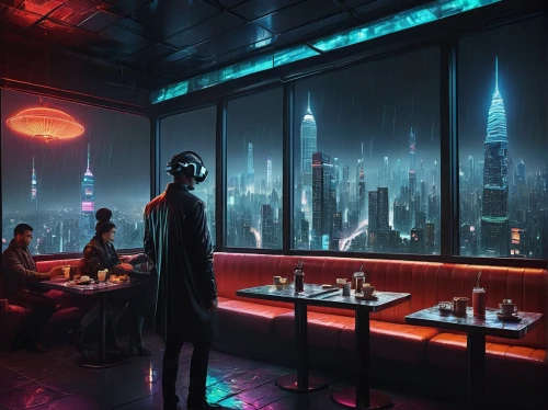 cyberpunk,nightclub,diner,metropolis,cityscape,retro diner,rain bar,unique bar,neon cocktails,nightlife,fantasy city,dystopian,piano bar,neon drinks,new york restaurant,dining,sci fiction illustration,empire,futuristic,cg artwork,Photography,Artistic Photography,Artistic Photography 06