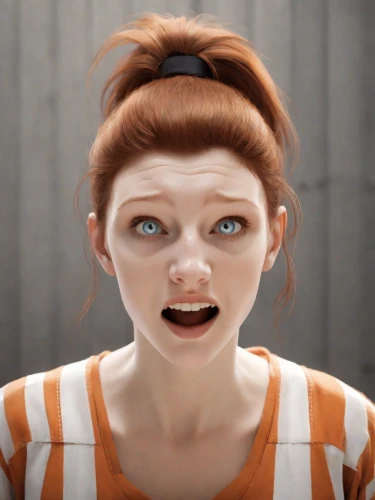 character animation,clementine,the girl's face,pippi longstocking,cinnamon girl,natural cosmetic,b3d,woman face,cgi,lis,orange,scared woman,3d rendered,emogi,gingerman,rendering,gingerbread girl,redhead doll,maci,ginger rodgers,Photography,Natural