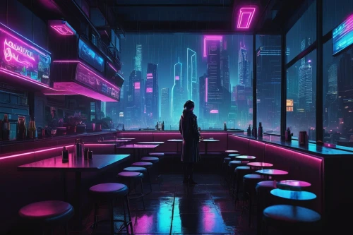 cyberpunk,neon coffee,neon drinks,neon cocktails,neon tea,retro diner,diner,neon lights,cityscape,neon light,neon arrows,futuristic landscape,neon light drinks,futuristic,nightclub,nightlife,fantasy city,vapor,metropolis,tokyo city,Illustration,Children,Children 06