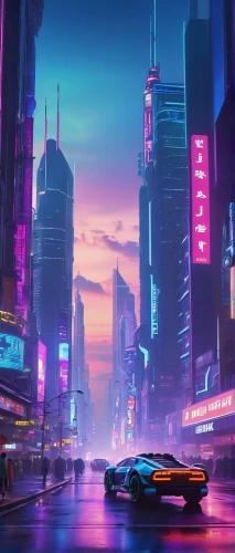 futuristic landscape,futuristic,cyberpunk,shanghai,fantasy city,colorful city,cityscape,metropolis,harbour city,evening city,tokyo city,neon arrows,neon lights,dusk,dusk background,skyline,the city,city highway,city lights,3d car wallpaper,Illustration,Retro,Retro 18