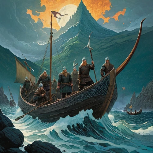 viking ship,vikings,viking ships,viking,fjord,longship,fjords,raftsundet,el mar,jon boat,heroic fantasy,god of the sea,fantasy picture,poseidon,norse,the storm of the invasion,bordafjordur,lysefjord,maelstrom,caravel,Illustration,Realistic Fantasy,Realistic Fantasy 05