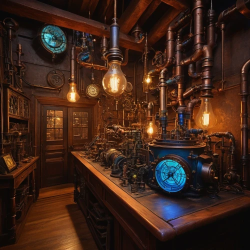 engine room,steampunk,scientific instrument,the boiler room,clockmaker,steampunk gears,apothecary,distillation,victorian kitchen,watchmaker,potions,dark cabinetry,orrery,laboratory,alchemy,brandy shop,potter's wheel,computer room,laboratory oven,chemical laboratory,Illustration,Realistic Fantasy,Realistic Fantasy 45
