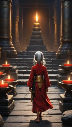 red lantern,the eternal flame,indian monk,buddhist monk,theravada buddhism,candlemaker,buddhists monks,monks,monk,candlelights,candlelight,stone background,offerings,offering,hall of the fallen,the pillar of light,vipassana,candlestick,red cape,golden candlestick,Conceptual Art,Daily,Daily 33