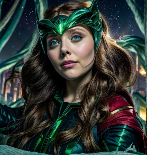 the enchantress,scarlet witch,lokportrait,loki,fantasy woman,green aurora,background ivy,fantasy portrait,elf,clove,goddess of justice,head woman,cg artwork,jade,emerald,superhero background,fantasy picture,ivy,wanda,fantasia