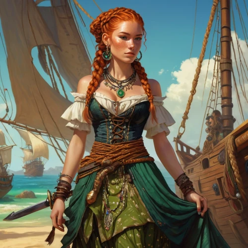 the sea maid,celtic queen,scarlet sail,massively multiplayer online role-playing game,pirate,sea fantasy,merida,fantasy art,pirate treasure,full-rigged ship,seafaring,galleon,merchant,caravel,heroic fantasy,east indiaman,fantasy picture,fantasy portrait,sail ship,sails,Conceptual Art,Fantasy,Fantasy 18