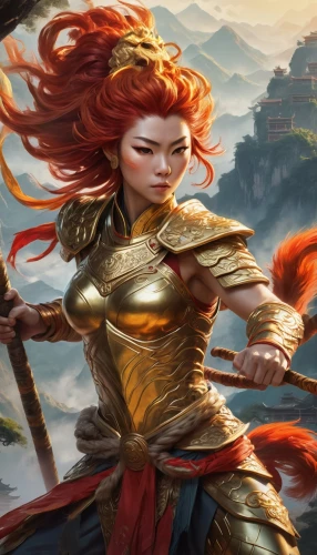 female warrior,wind warrior,flame spirit,heroic fantasy,fantasy art,massively multiplayer online role-playing game,firethorn,warrior woman,fantasy portrait,rosa ' amber cover,fantasy picture,game illustration,swordswoman,fantasy warrior,fantasy woman,elza,fire poker flower,fiery,collectible card game,mara,Conceptual Art,Oil color,Oil Color 10