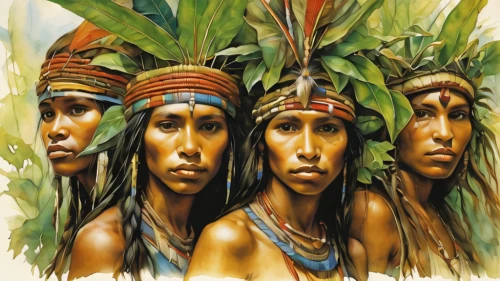 aborigines,amazonian oils,indigenous painting,aborigine,ancient people,aboriginal culture,papuan,heads of royal palms,primitive people,indigenous culture,aboriginal,amerindien,indians,tribe,natives,pachamama,indian headdress,indigenous australians,nomadic people,colonization,Illustration,Realistic Fantasy,Realistic Fantasy 14